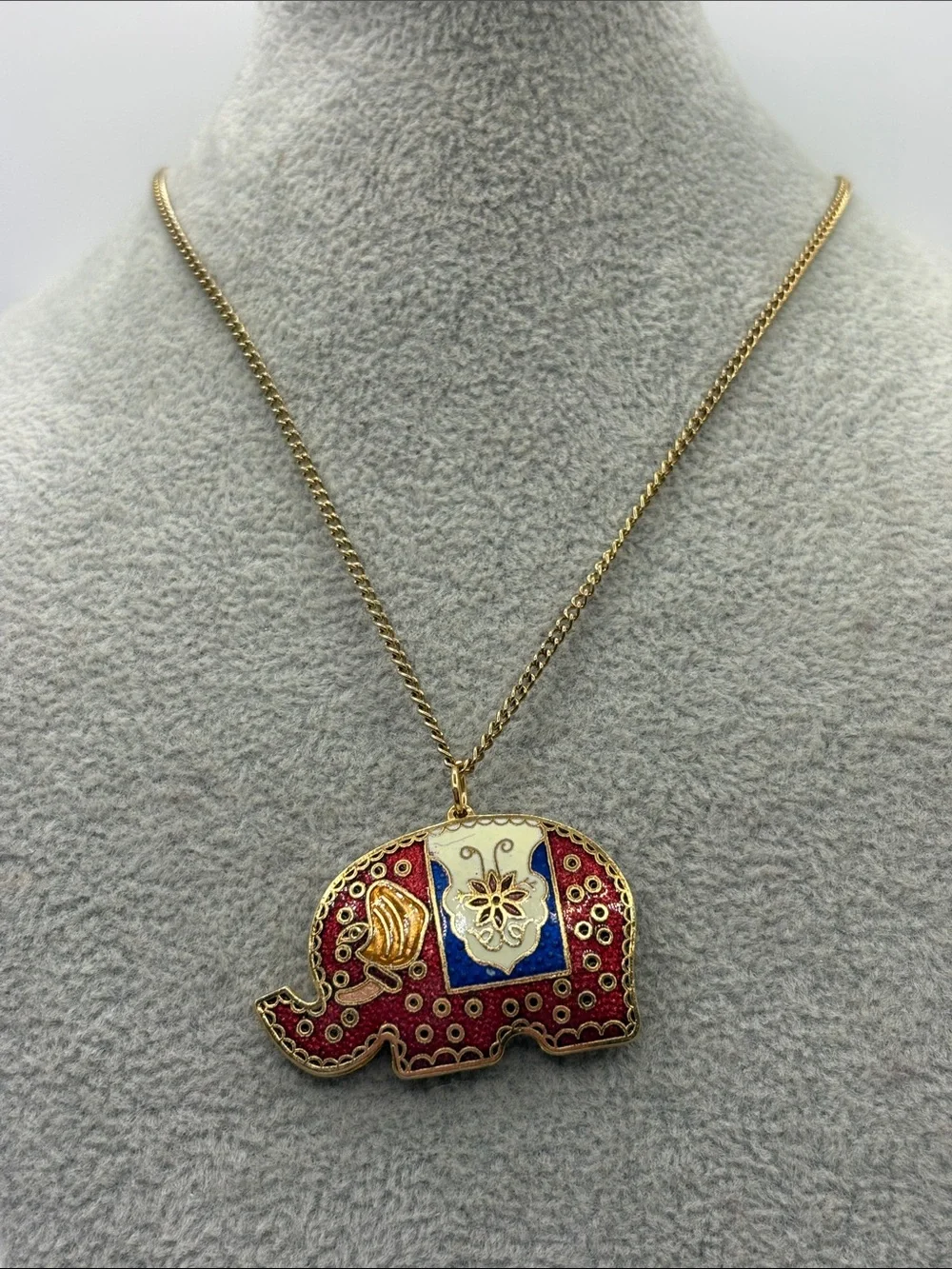 Vintage Gold Cloisonné Elephant Pendant Necklace with Red & Blue Enamel